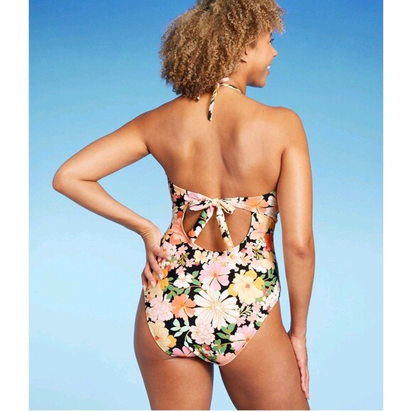 Shade and Shore Halter Keyhole Bandeau One Piece Swimsuit Multi Floral Large - Picture 4 of 6